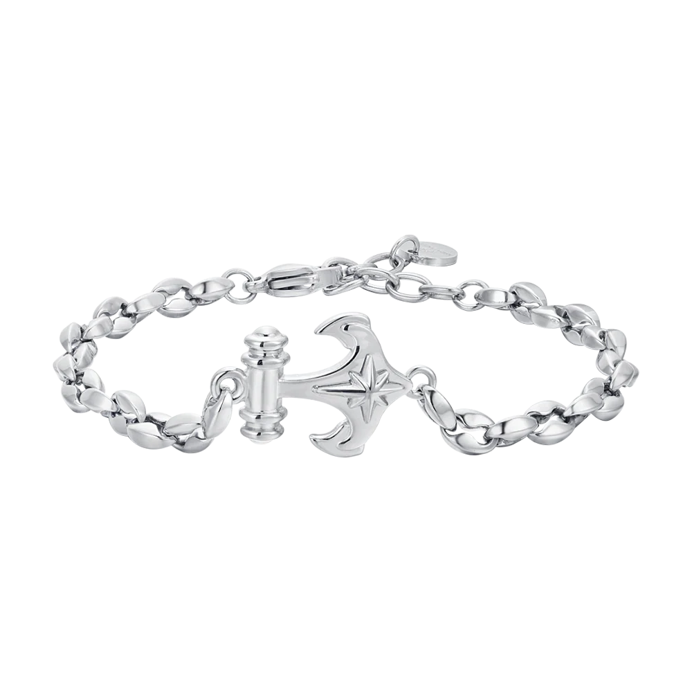 LUCA BARRA-BRACCIALE UOMO IN ACCIAIO ANCORA E ROSA DEI VENTI