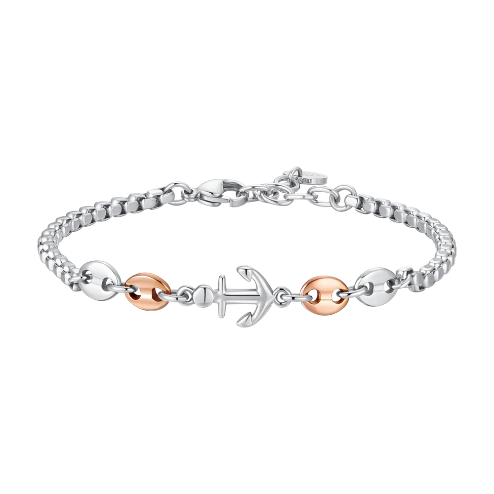 LUCA BARRA-BRACCIALE UOMO IN ACCIAIO CON ANCORA ED ELEMENTI IN ACCIAIO IP ROSE