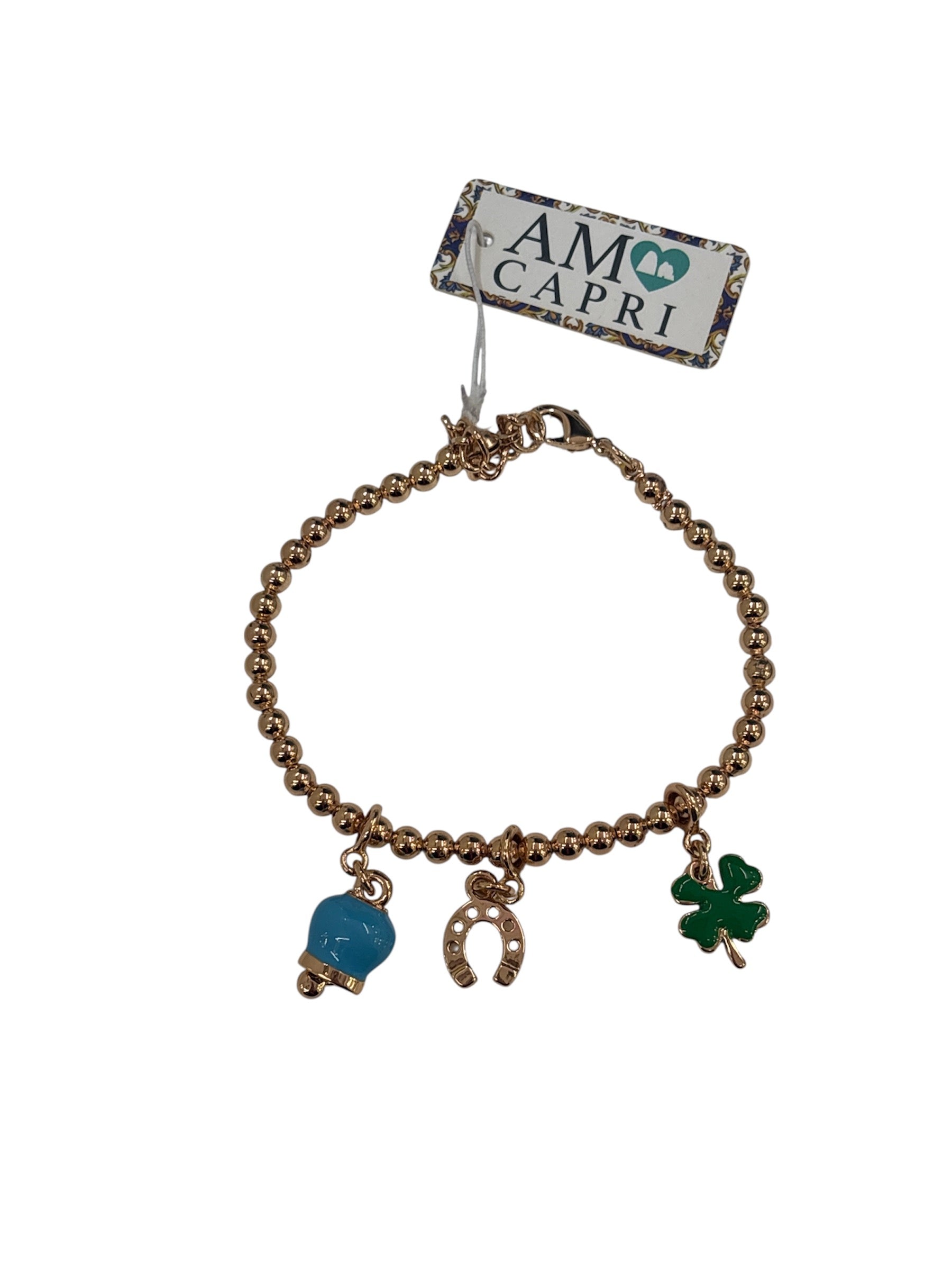 BY SIMON - Bracciale in Metallo con ciondoli portafortuna quadrifoglio, ferro di cavallo e campanella capri