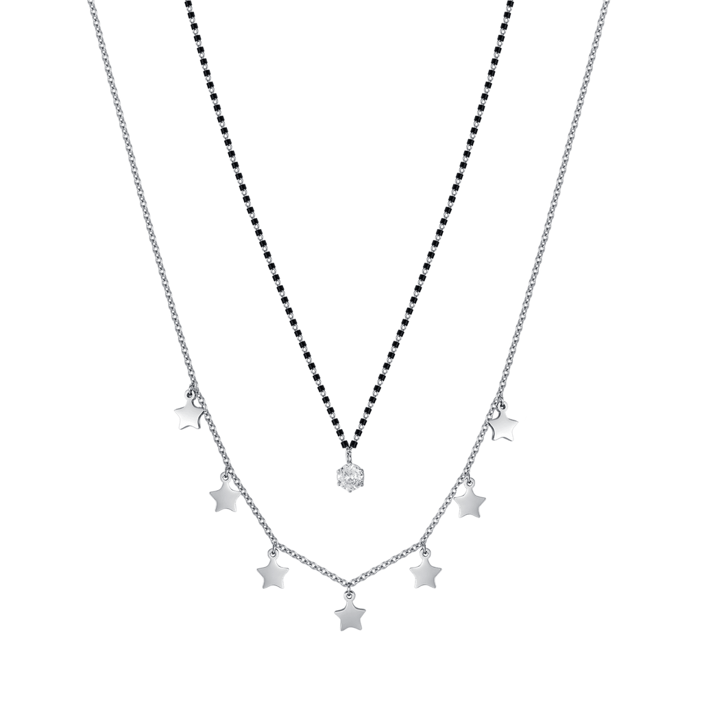 LUCA BARRA- COLLANA DONNA IN ACCIAIO CON STELLE, ELEMENTI IN NERO E CRISTALLO BIANCO