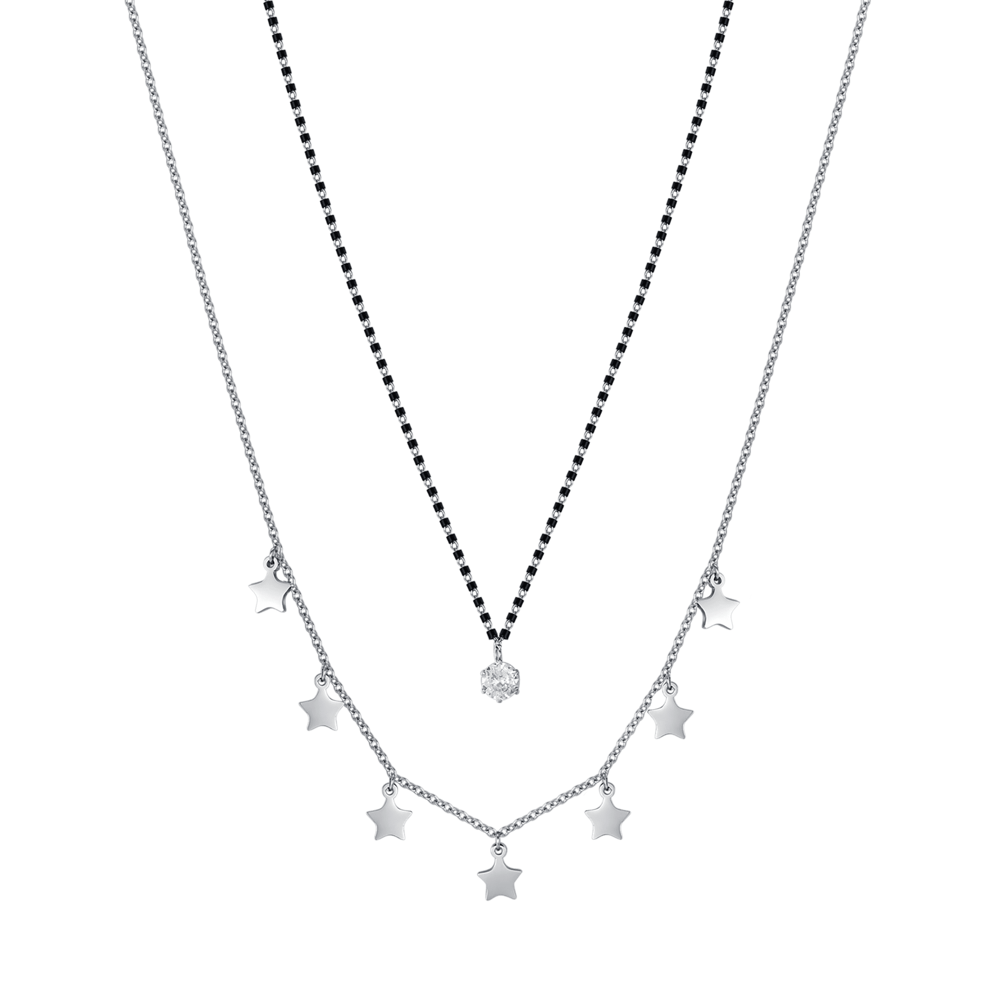 LUCA BARRA- COLLANA DONNA IN ACCIAIO CON STELLE, ELEMENTI IN NERO E CRISTALLO BIANCO