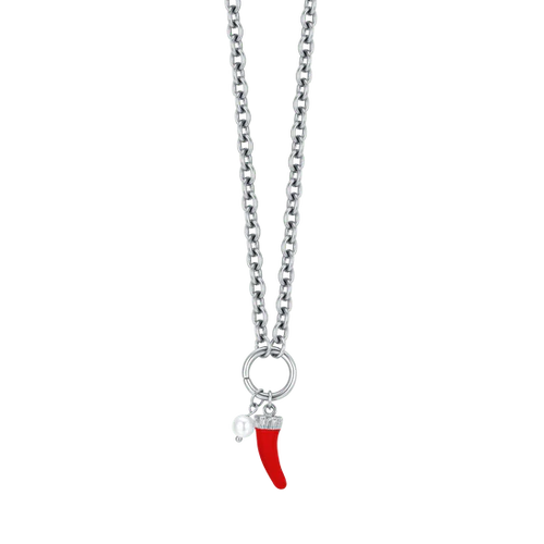 Luca Barra Collana con Corno Smalto Rosso e Perla bianca