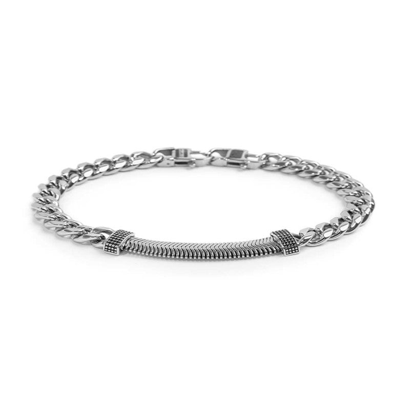 MARLU- Bracciale catena cuban e catena snake piatta centrale con trama puntinata