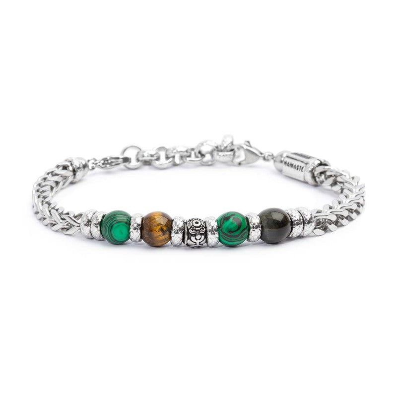 MARLU- Bracciale catena fishbone con sfere malachite e occhio di tigre