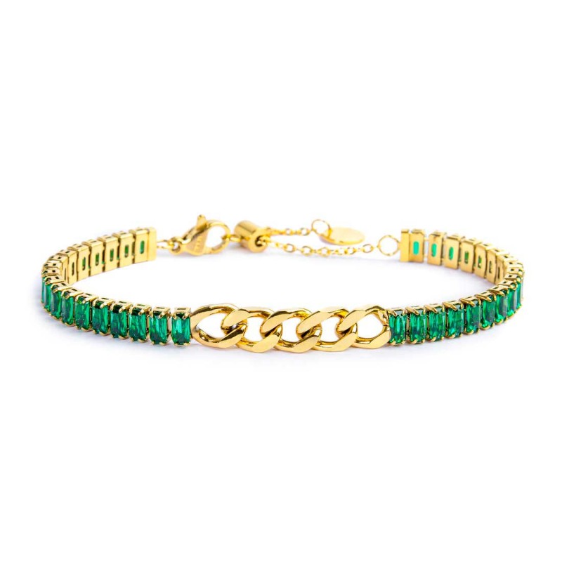 MARLU- Bracciale tennis cristalli baguette con catena grumetta centrale
