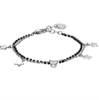 LUCA BARRA-BRACCIALE DONNA IN ACCIAIO CON STELLE, ELEMENTI IN NERO E CRISTALLO BIANCO