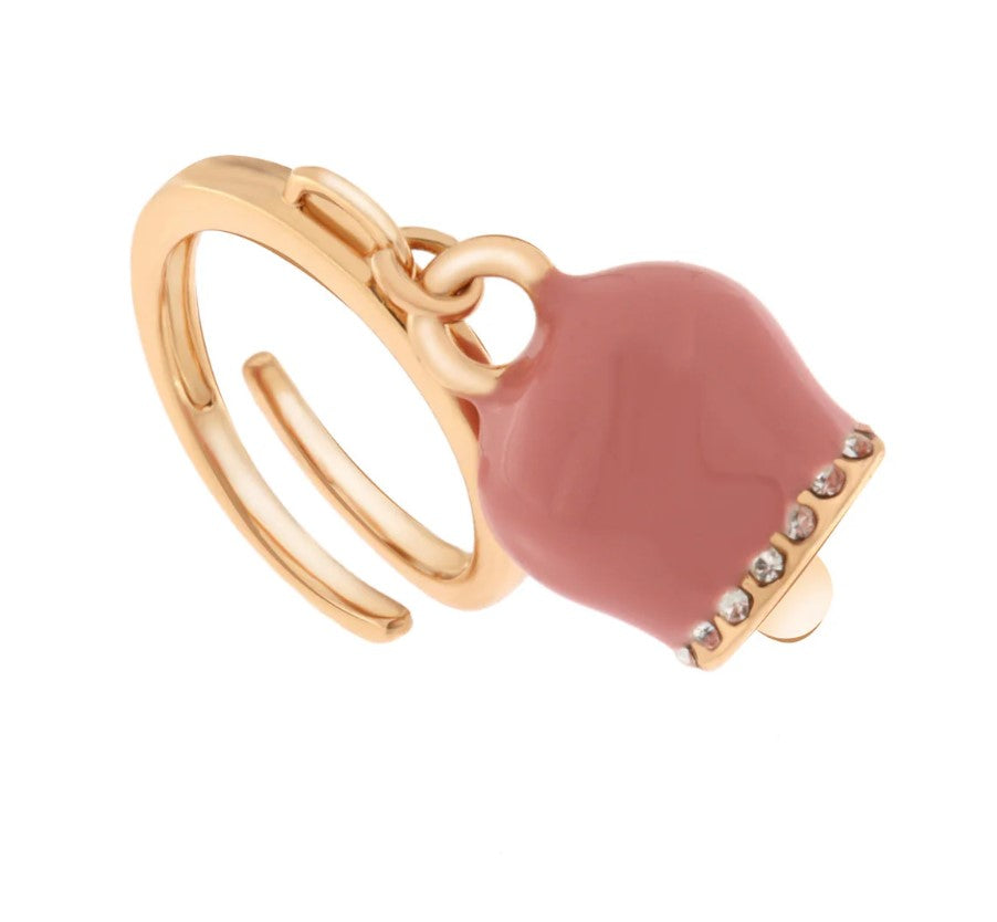 Anello in Metallo con campanella portafortuna, impreziosita da smalto rosa e cristalli