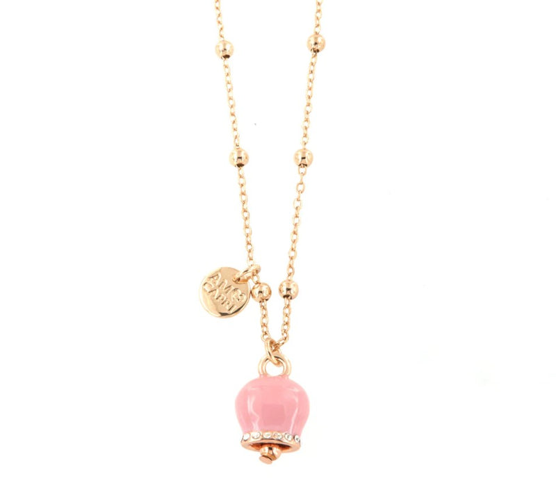 BY SIMON - Collana in Metallo con campanella portafortuna pendente, impreziosita da smalto rosa e cristalli