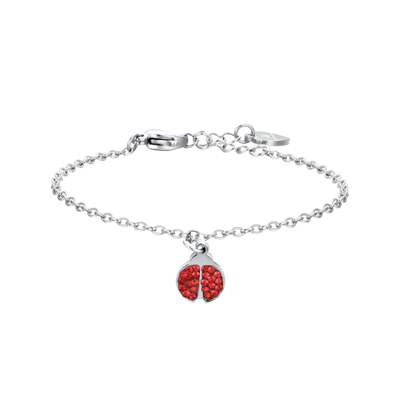 LUCA BARRA-BRACCIALE BAMBINA IN ACCIAIO CON COCCINELLA E CRISTALLI ROSSI
