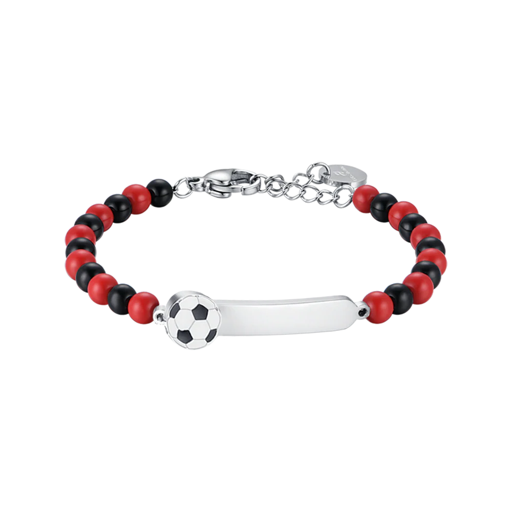 Luca Barra-Bracciale Bambino Pietre Rosse Nere Pallone Calcio Piastrina Incisione Acciaio