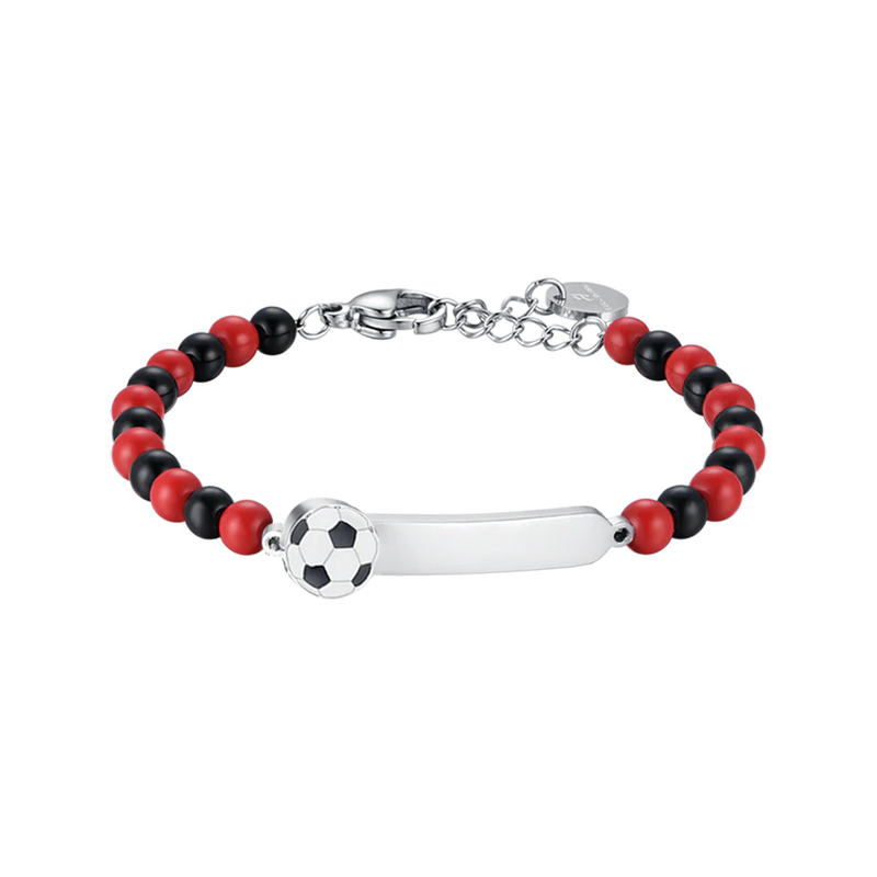 Luca Barra-Bracciale Bambino Pietre Rosse Nere Pallone Calcio Piastrina Incisione Acciaio