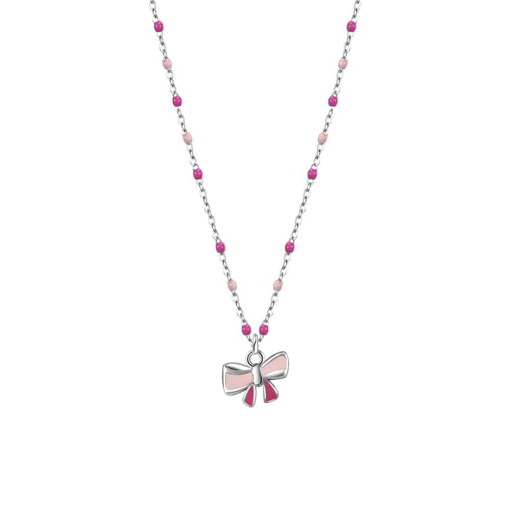 LUCA BARRA-COLLANA IN ACCIAIO, FIOCCO CON SMALTO ROSA E FUCSIA E PIETRE COLORATE