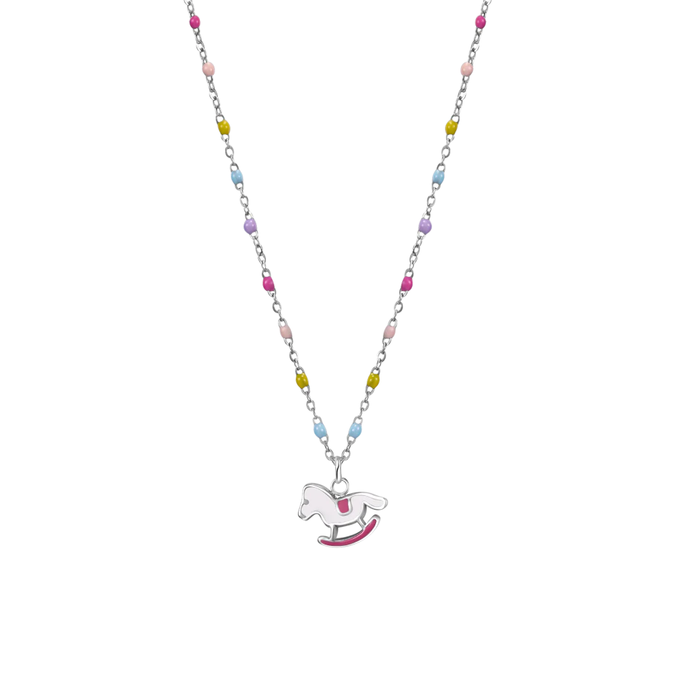 COLLANA IN ACCIAIO, CAVALLO A DONDOLO CON SMALTO ROSA E FUCSIA E PIETRE COLORATE - JC159