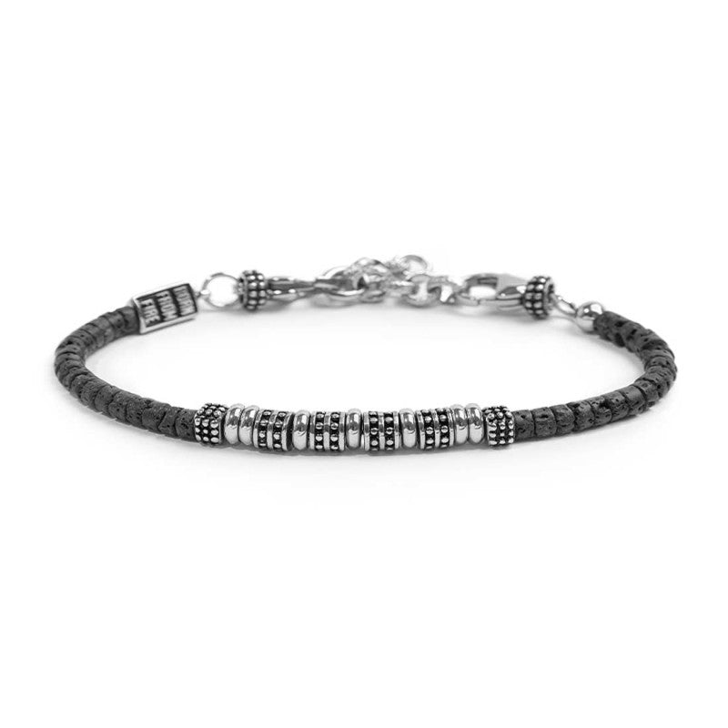 MARLU- Bracciale con dischetti di pietra lavica e anellini in acciaio centrali