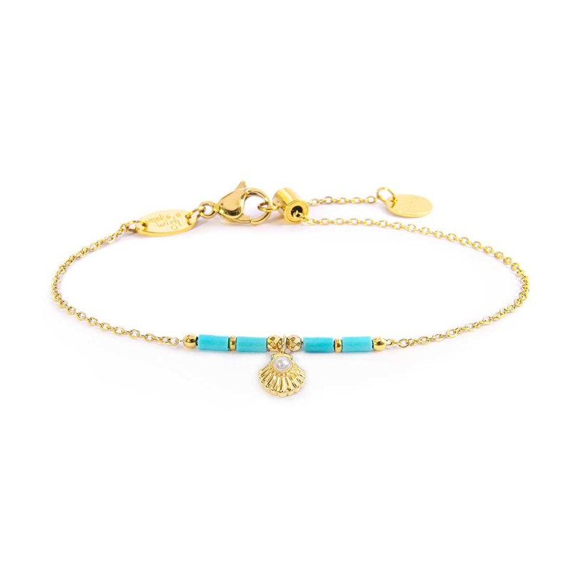 MARLU- Bracciale conchiglia pendente con perla e perline a tubo turchesi