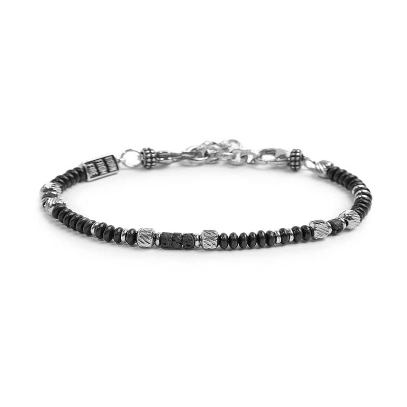 MARLU- Bracciale con dischetti di onice nera e pietra lavica e anellini in acciaio