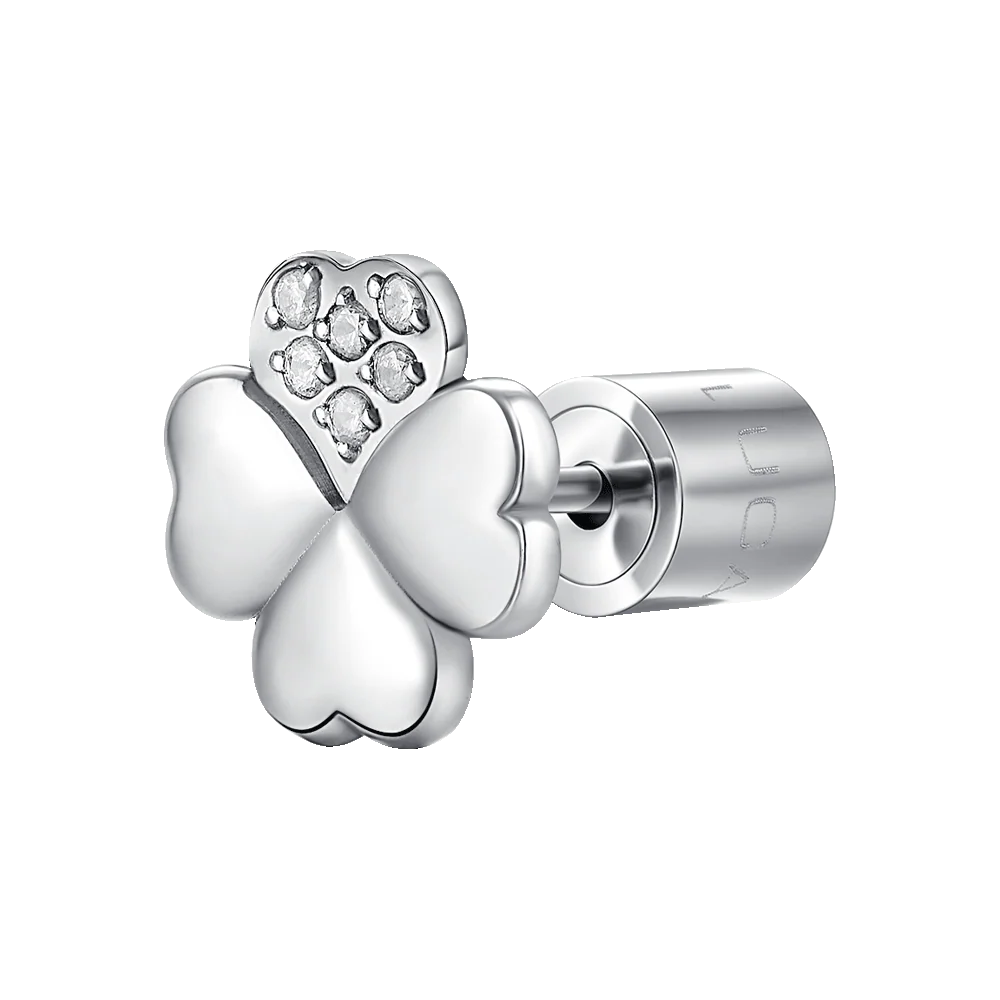 LUCA BARRA-MONO ORECCHINO DONNA IN ACCIAIO CON QUADRIFOGLIO CON PETALO CON PUNTI LUCE ZIRCO