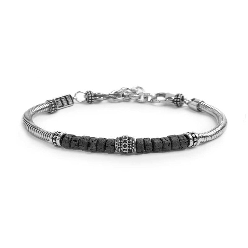 MARLU-Bracciale con catena snake con elemento centrale e dischetti in pietra lavica
