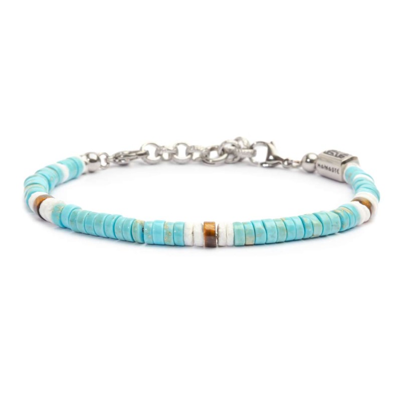 MARLU- Bracciale con dischetti turchesi occhio di tigre e conchiglie bianche