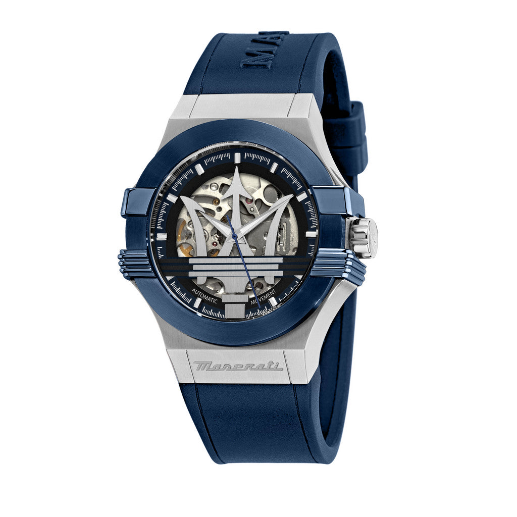 MASERATI - Orologio da uomo Maserati Potenza cinturino in caucciù blu quadrante scheletrato argento automatico