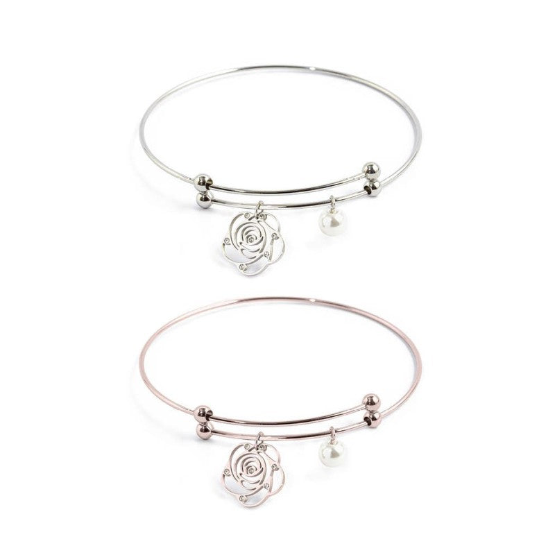 MARLU- Bracciale rigido con rosa e perla pendente