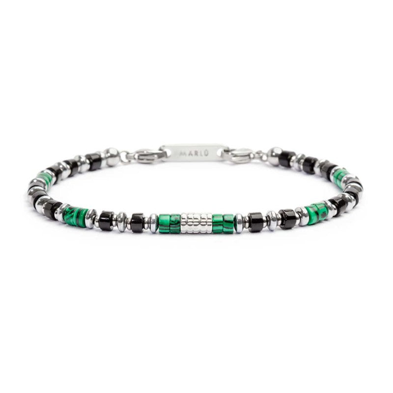 MARLU- Bracciale con rondelle in malachite ed onice nera e cilindro diamantato