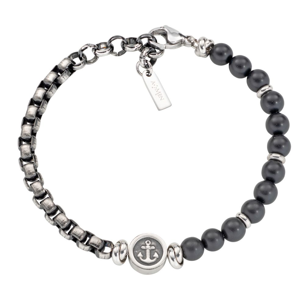 LUCA BARRA - Bracciale Uomo Acciaio Sfere Nere e Ancora