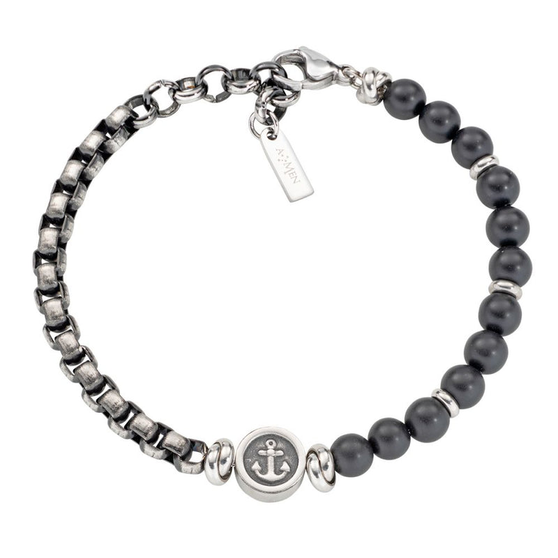 LUCA BARRA - Bracciale Uomo Acciaio Sfere Nere e Ancora