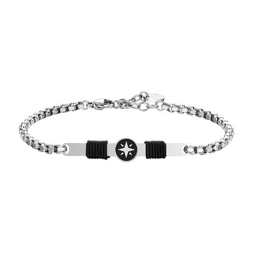 Luca Barra- BRACCIALE UOMO IN ACCIAIO, PIASTRA CON SMALTO NERO E ROSA DEI VENTI E CORDA NERA