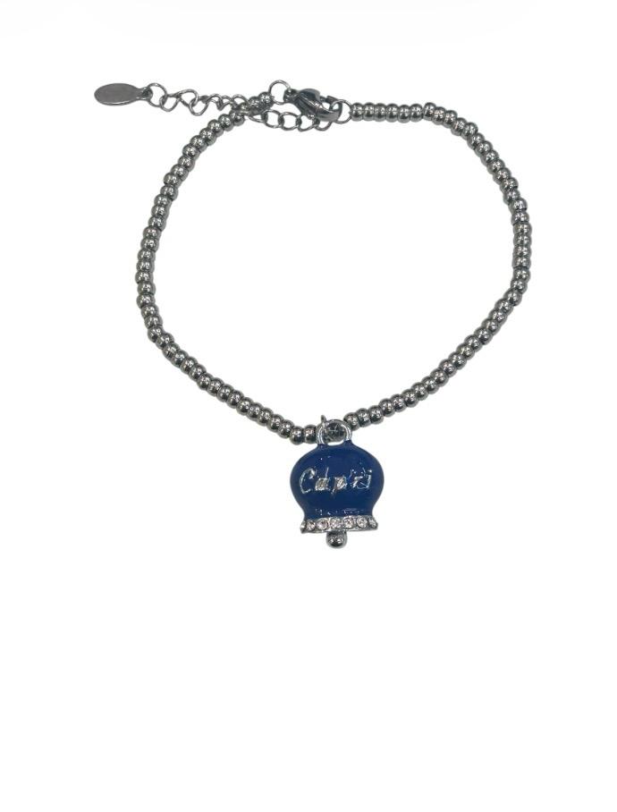 By Simon-Bracciale in Acciaio con campanella pendente blu cobalto con scritta Capri