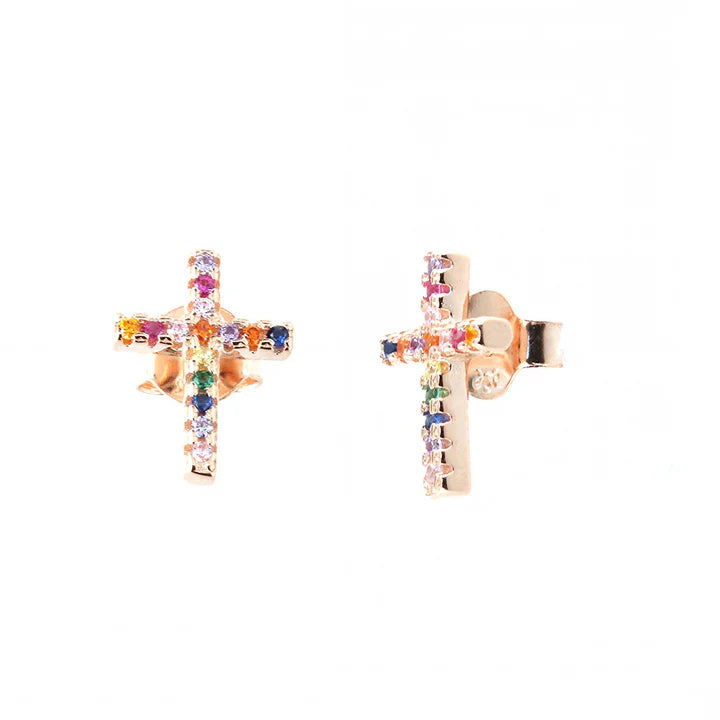 Orecchini in Argento 925 a lobo, con croce di zirconi multicolore