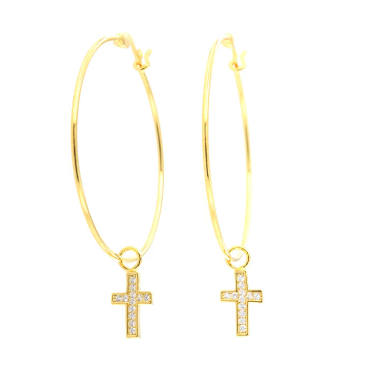 Orecchini in Argento 925 a cerchio con croce zirconata pendente