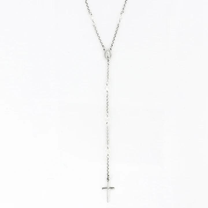 Collana in Argento 925 rosario con croce e perline bianche.