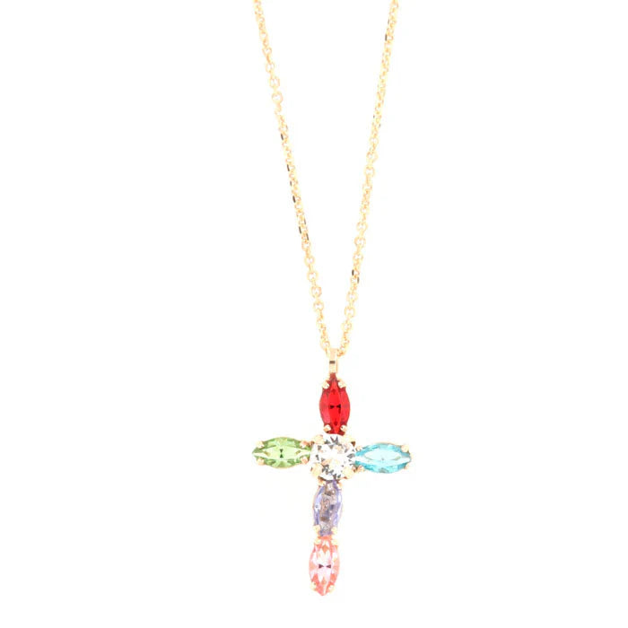 Collana in Argento 925 croce impreziosita da cristalli multicolore e punto luce di cristallo bianco centrale