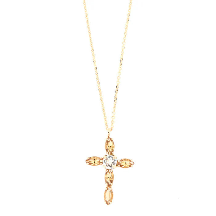 Collana in Argento 925 croce impreziosita da cristalli topazio e punto luce di cristallo bianco centrale