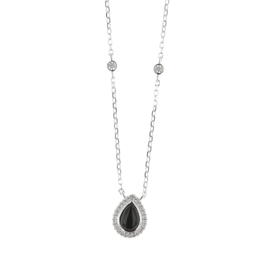 Collana in Argento 925 con ciondolo a forma di goccia in onice nero e zirconi bianchi