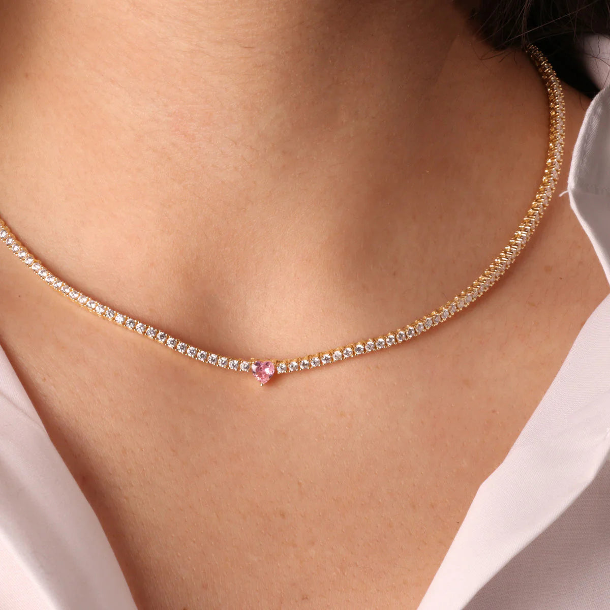 BY SIMON-Collana in Argento 925 tennis con zirconi bianchi e cuore centrale in zircone rosa