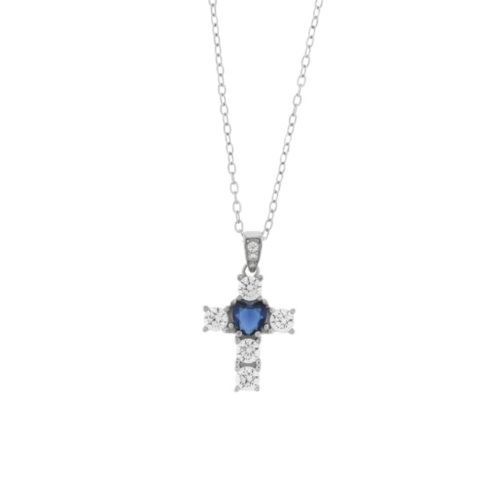 Collana in Argento 925 con croce impreziosita da zirconi trasparenti e blu