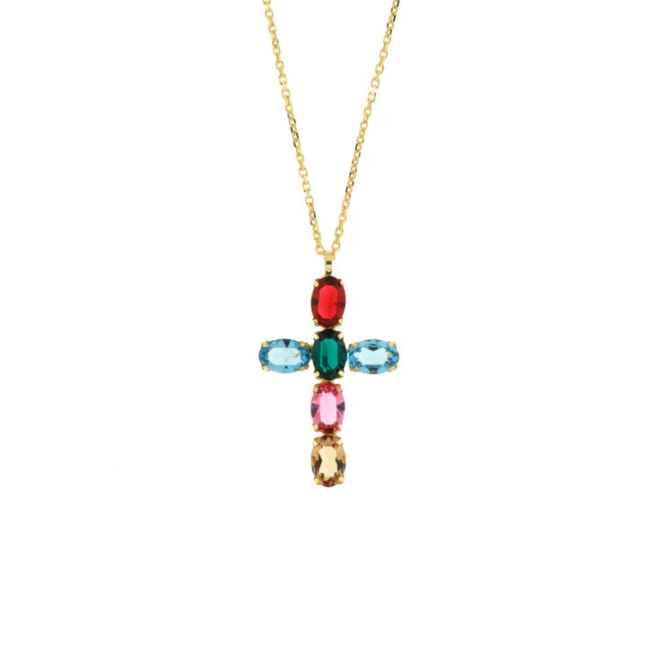 Collana in Argento 925 a forma di croce con cristalli multicolore