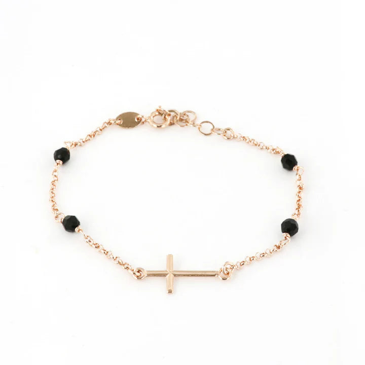 Bracciale in Argento 925 rosario con croce e cristalli neri.