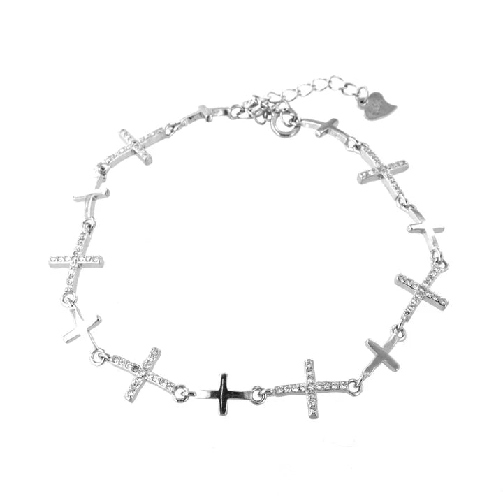 Bracciale in Argento 925 giro di croci zirconate bianche e croci lisce senza pietre