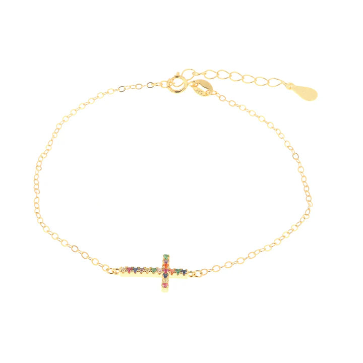 BYSIMON - Bracciale in Argento 925 con dettaglio a forma di croce impreziosito da zirconi multicolor