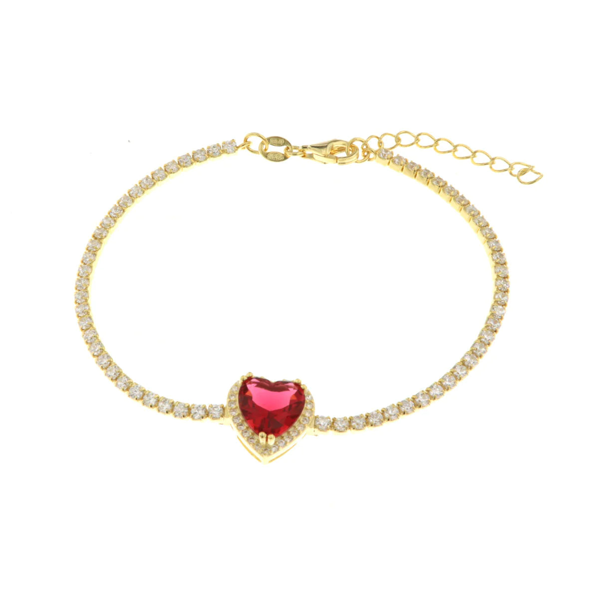 BY SIMON- Bracciale in Argento 925 tennis in zirconi bianchi e cuore in zircone rosso rubino