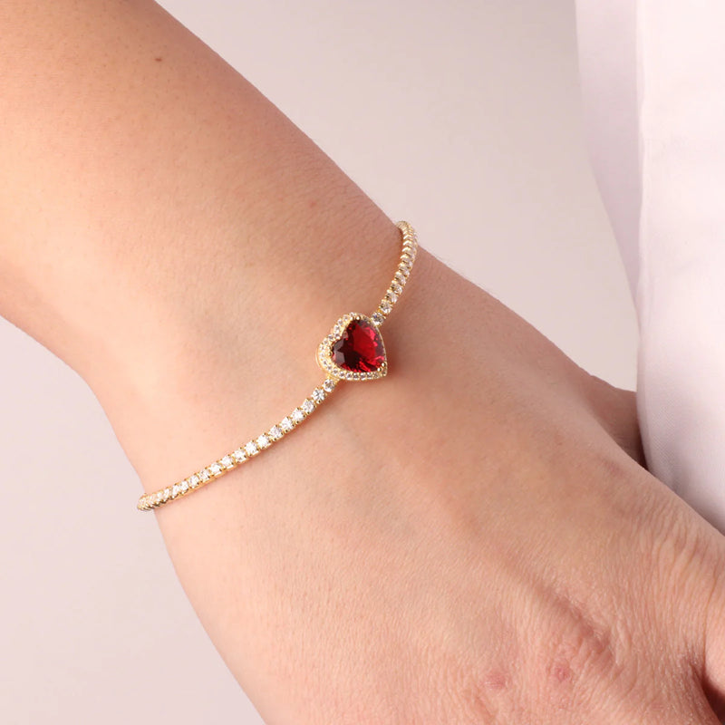 BY SIMON- Bracciale in Argento 925 tennis in zirconi bianchi e cuore in zircone rosso rubino