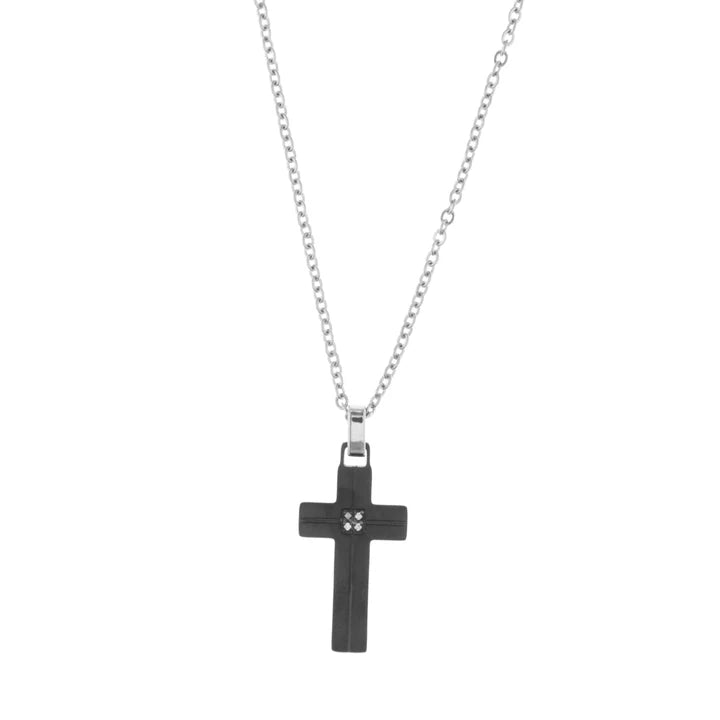 Collana in Acciaio con pendente a forma di croce con dettaglio centrale