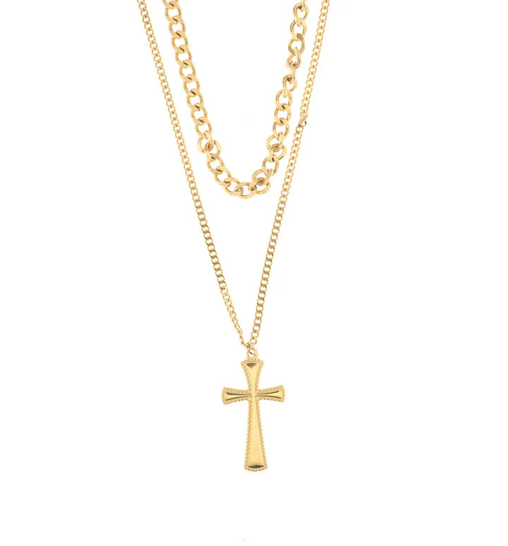 Collana in Acciaio con doppia catena impreziosita da pendente a forma di croce