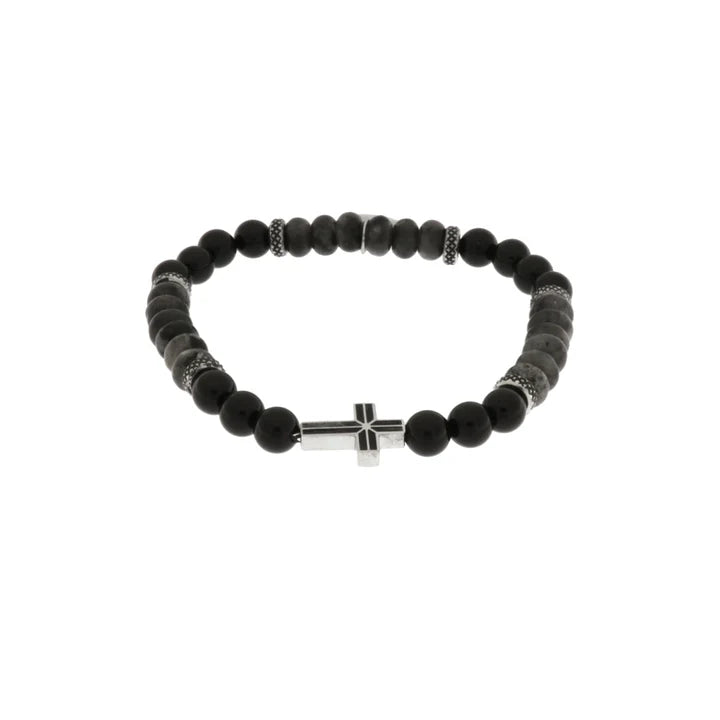 Bracciale in Acciaio con sfere nere e croce centrale in acciaio