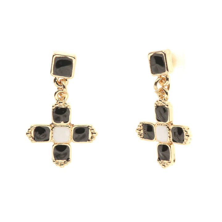 Orecchini in Metallo con pendenti a forma di croce smaltati neri e bianchi