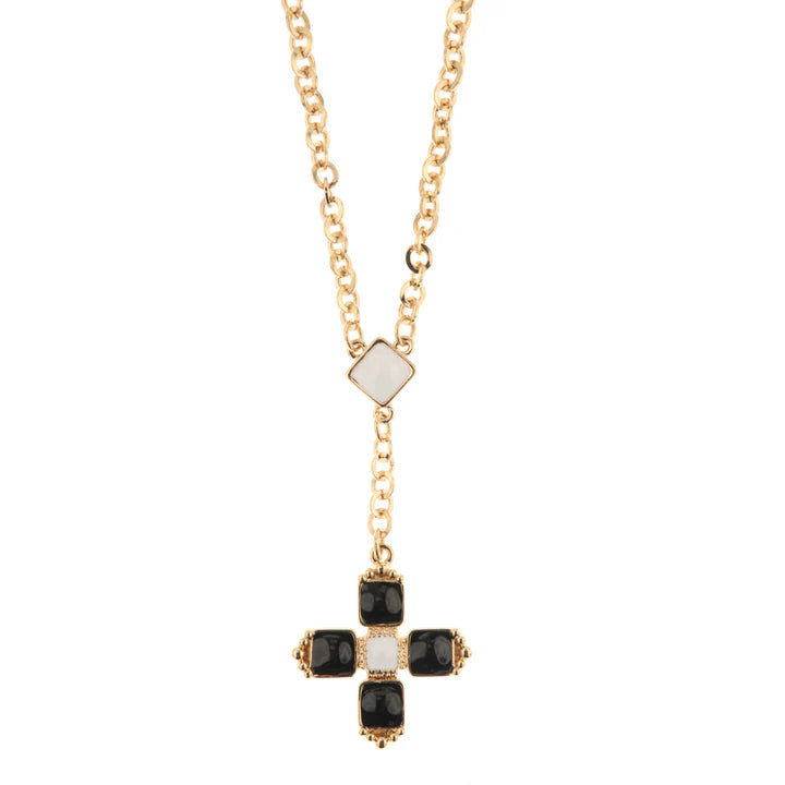 Collana in Metallo con pendente a forma di croce impreziosito da cristalli neri e bianchi