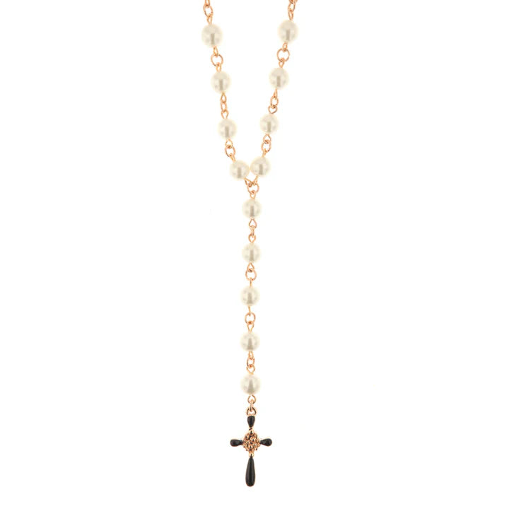 Collana in Metallo con perle bianche impreziosite da croce con cristalli neri